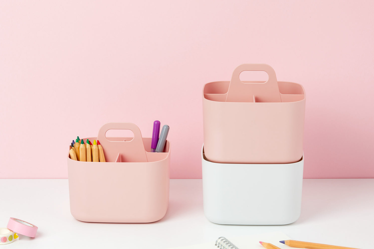 Pink and White Square Caddies on Pink background